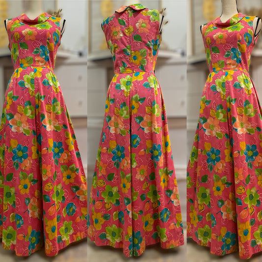 60s-70s Floral Cotton Palazzo Jumpsuit (XS)