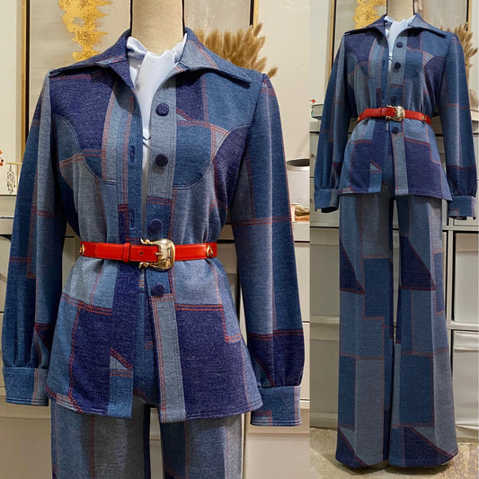 70's Faux-Denim Look Patchwork 2PC Pantsuit (M)