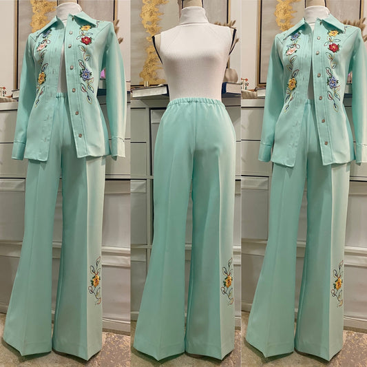 60's Embroidered 2pc Wide Leg Set; deadstock (S-M)