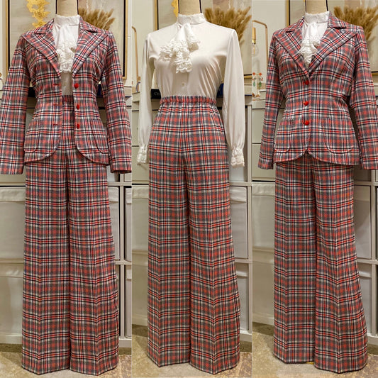 70's Orange Plaid Pantsuit - Jacket & High Rise Wide Leg Bottoms Set (S-M)