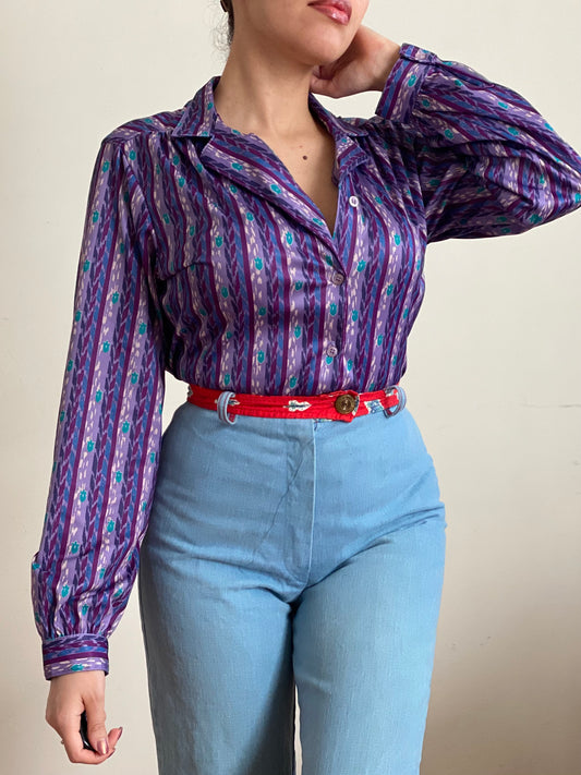 70's Purple Abstract Long Sleeve Blouse (S-M)