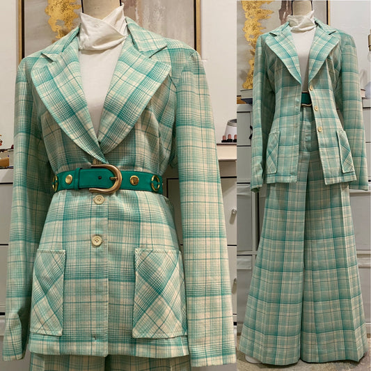 70s 2PC Plaid, Wide Leg Pantsuit (L-XL, 32"W)