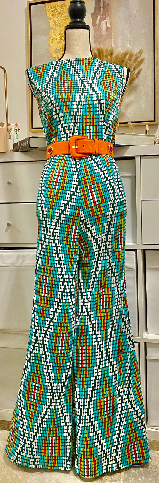 70's 3-Piece Pixel Set (Blouse Jacket, Sleeveless Top, & High Rise Flared Bottoms) (L-XL)