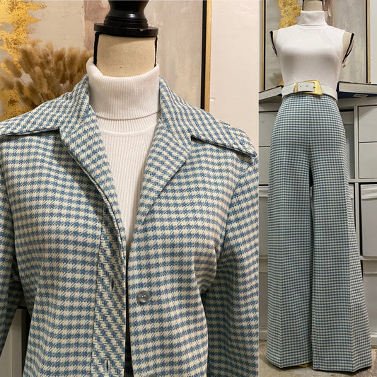 70's Powder Blue Houndstooth 3pc Wide Leg Pantsuit (XL, 34"-39"W)