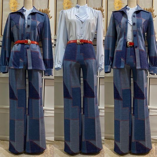 70's Faux-Denim Look Patchwork 2PC Pantsuit (M)