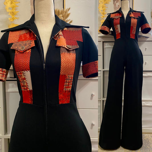 70's Patchwork & Zipper Front Wide Leg Jumpsuit (XS-S)