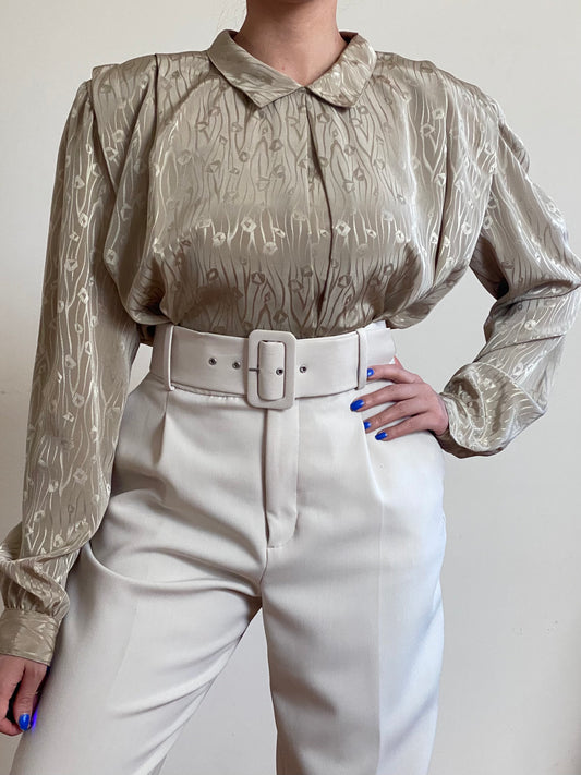 80's Golden Olive Peter Pan Collar Pleated Blouse (M-XL)