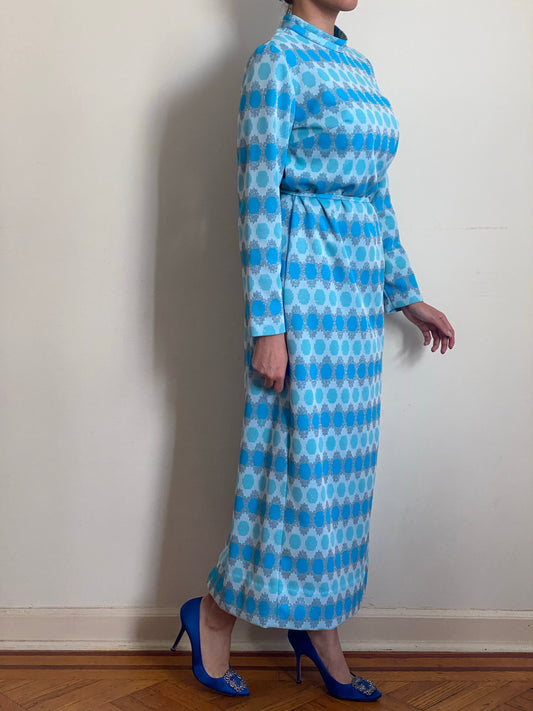 50's Icy Blue Mod Maxi Dress with Silver Shimmer Details (M)