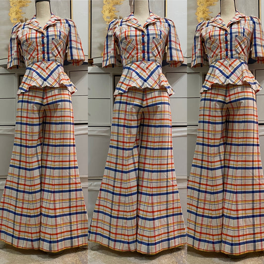 70s does 40s Cotton Plaid 2PC Bell Bottom Pantsuit (XS, 24"W)