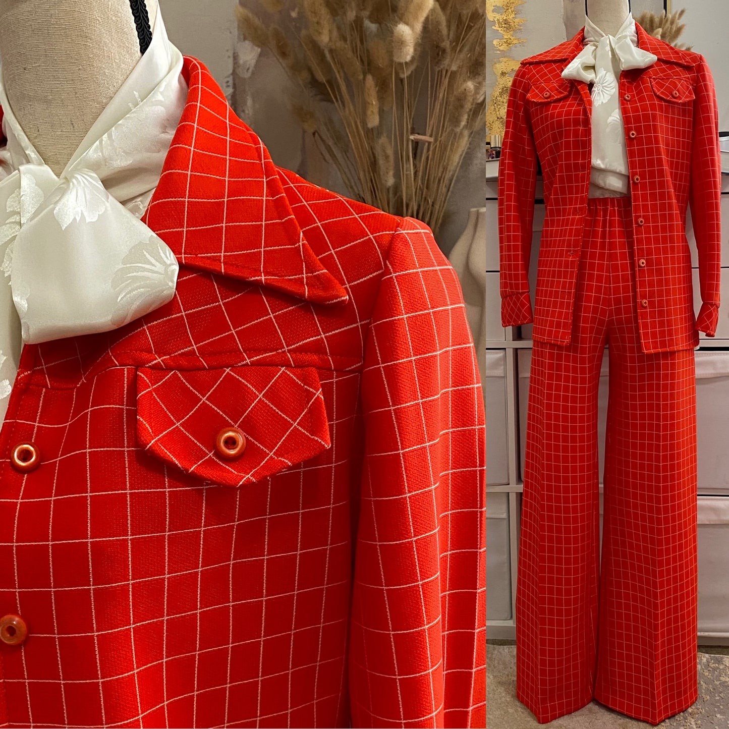 70's Red Windowpane 2pc Wide Leg Pantsuit (S-M)