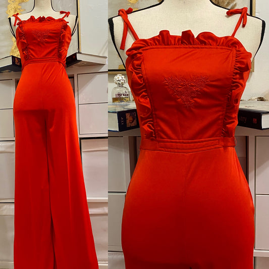 70's Red Pinafore Ruffle Wide Leg Jumpsuit (S-M)