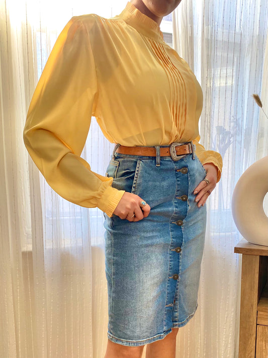 Yellow Pleated Long Sleeve Blouse