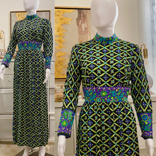 60s-70s Mock Neck Maxi Dress Abstract Neon Colors Cotton (XS-S)