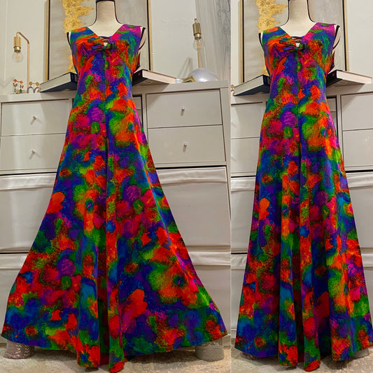 60s 70s Abstract Floral Hawaii Multicolor Palazzo Wide Leg Jumpsuit (L-XL)