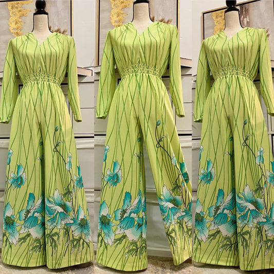 70’s Lime Green Floral Bell Bottom Jumpsuit (S)