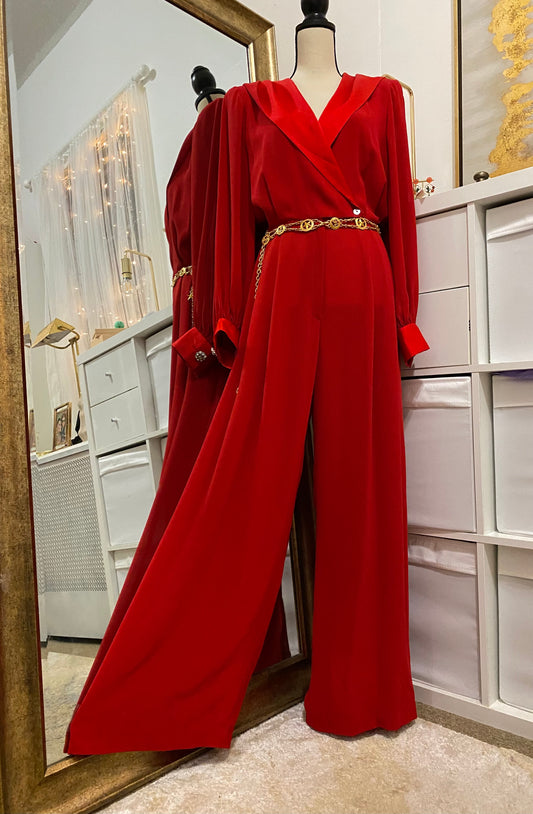 80’s Satin & Chiffon Hooded Bell Bottom Jumpsuit (M-L)