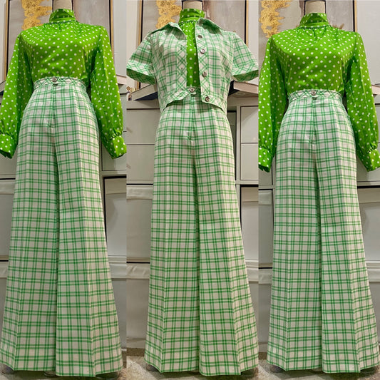 70s Green Plaid 2pc Pantsuit - Cropped Jacket & Bell Bottoms (S)