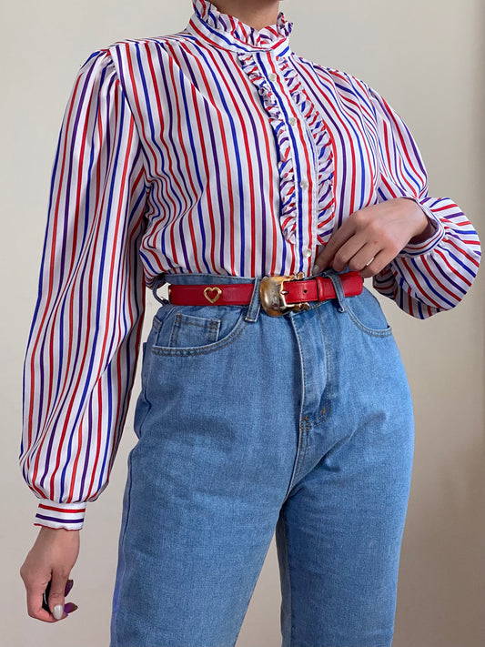 70's Striped Ruffle Long Puffy Sleeve Top (S-M)