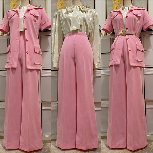 70s Pink Striped 2-Piece Pantsuit - Jacket Shirt & Wide Leg Bell Bottom (S-L)
