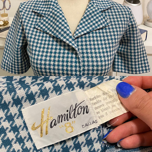 70's Teal Houndstooth Short Sleeve Bell Bottom Jumpsuit (M-L)