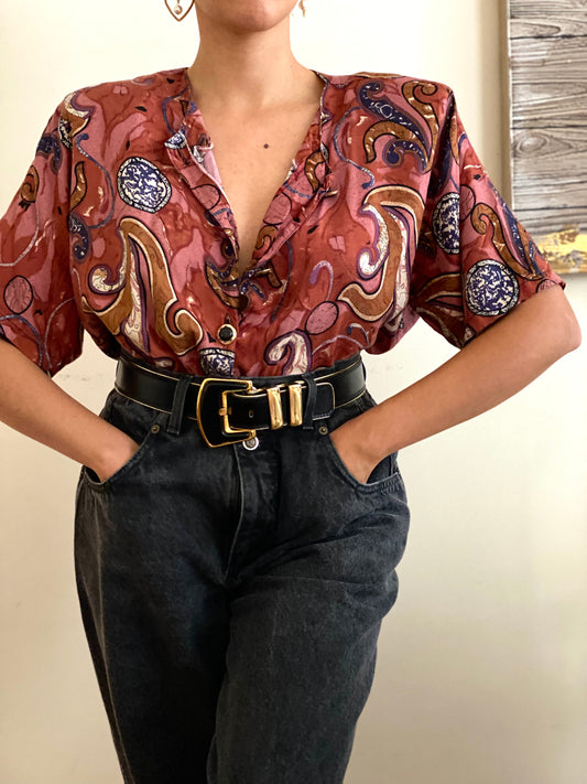 Boho Abstract Pattern with Decorative Buttons Short Sleeve Top