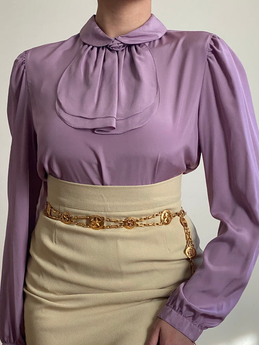 70's Jabot/Ascot Bow Long Sleeve Blouse (S)