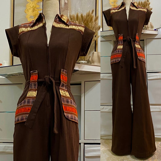70's Patchwork Crinkle Cotton Wide Leg Chocolate Brown Jumpsuit (S-M)