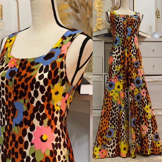 60's Leopard & Floral Print Wide Leg Jumpsuit (S-M)