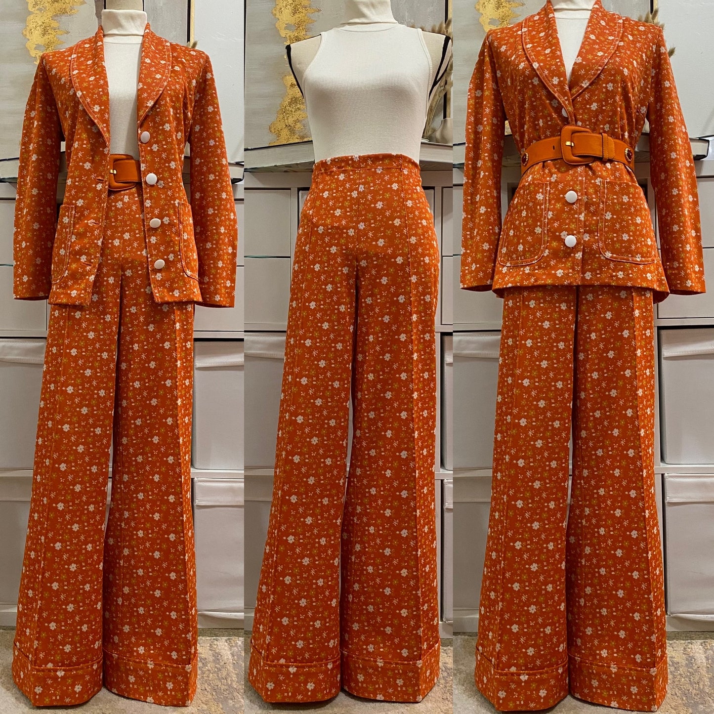70's Floral, Rusty Orange Bell Bottom 2PC Pantsuit (Large)