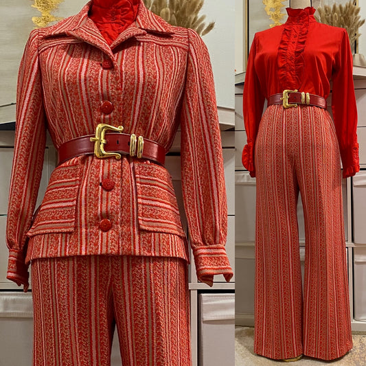 60's-70's Red Stripes Texturized 2PC Pantsuit (XS-S)
