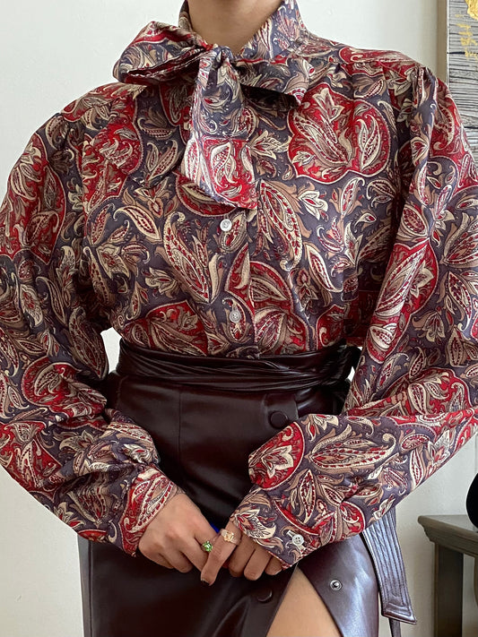 Paisley abstract bow collar oversized long sleeve blouse