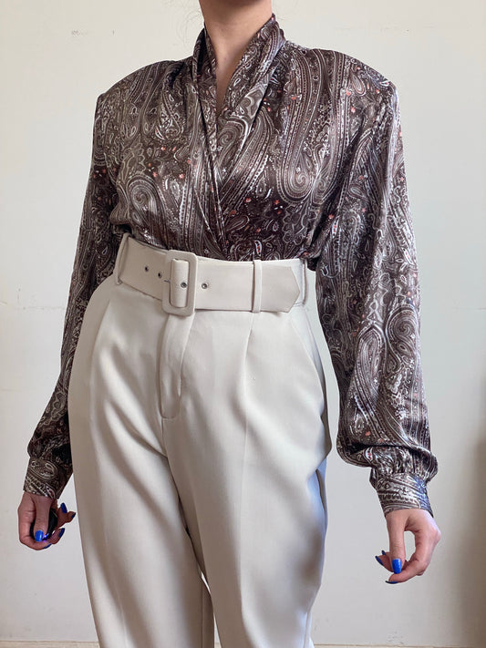 80'a Satin Draped V-Neck Abstract Blouse (M-L)