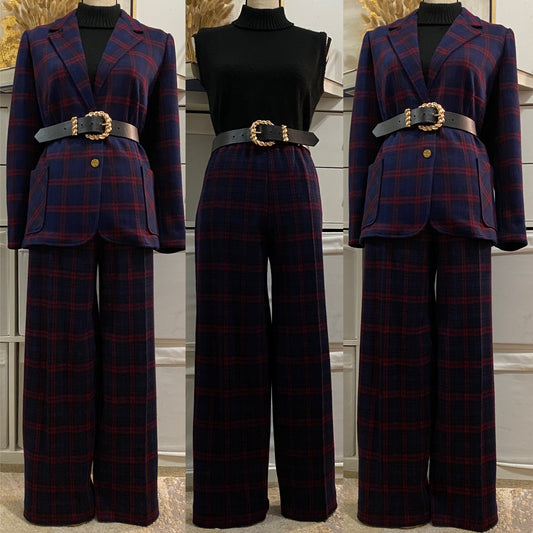 70s-80s 2pc Pantsuit Dark Plaid Ankle Crop Straight Leg (L-XL, 35"-40"W)