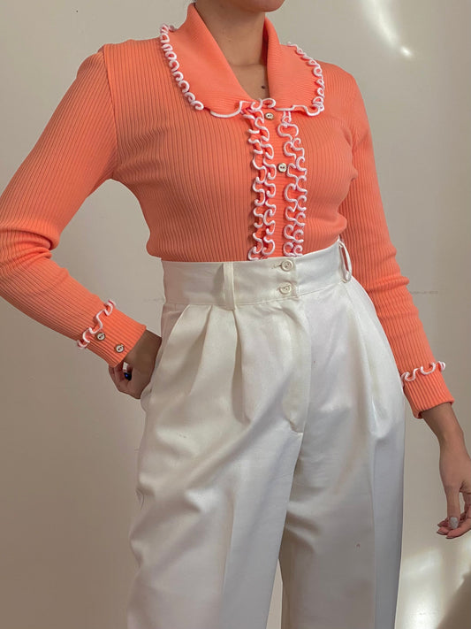 70's NOS Creamsicle Ruffle Trim Long Sleeve Top (XS-S)