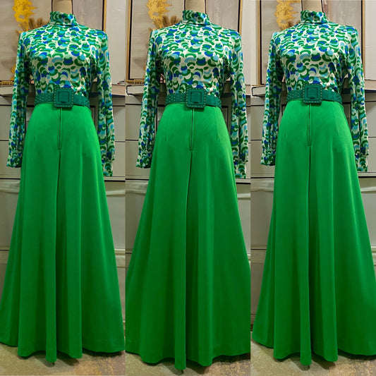 70's Green High Rise Palazzo Flare Pants (S, 26"-27"W)