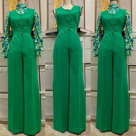 70's Green Tuxedo Wide Leg flare Bell Bottom Jumpsuit (XS-M)
