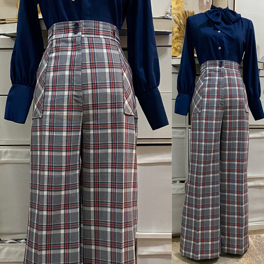 70's High Rise, Wide Leg Plaid Pants (L, 33"W)