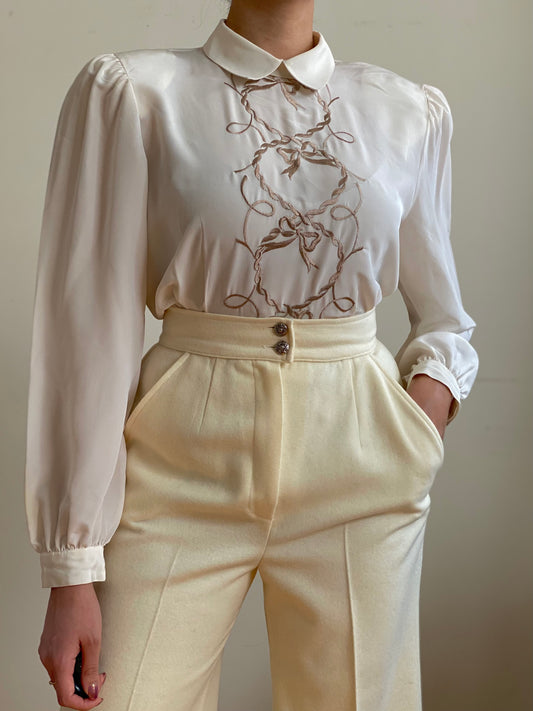 80's Rope Embroidery Peter Pan Collar Balloon Sleeves Blouse (S-M)