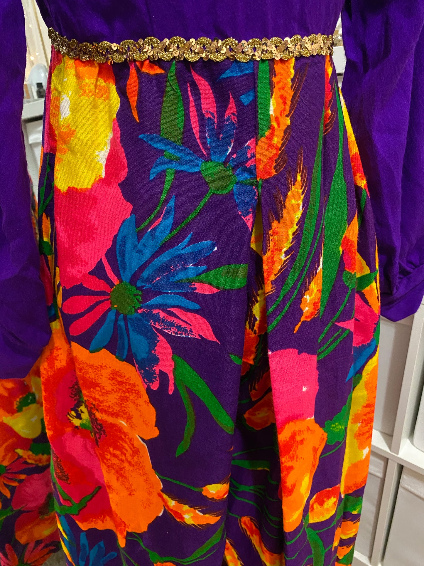 70's Floral Palazzo Jumpsuit with Gold Trim (S)