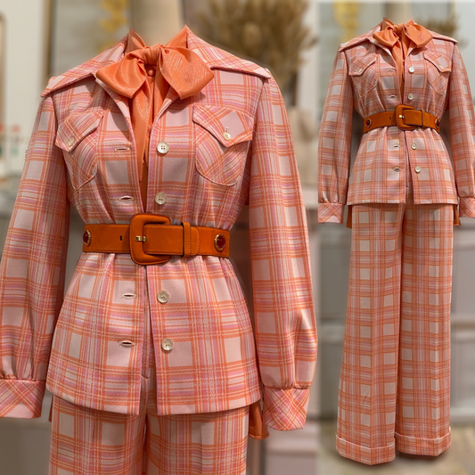 70's Pink-Peach Plaid Bell Bottom 2pc Pantsuit (XS-S)