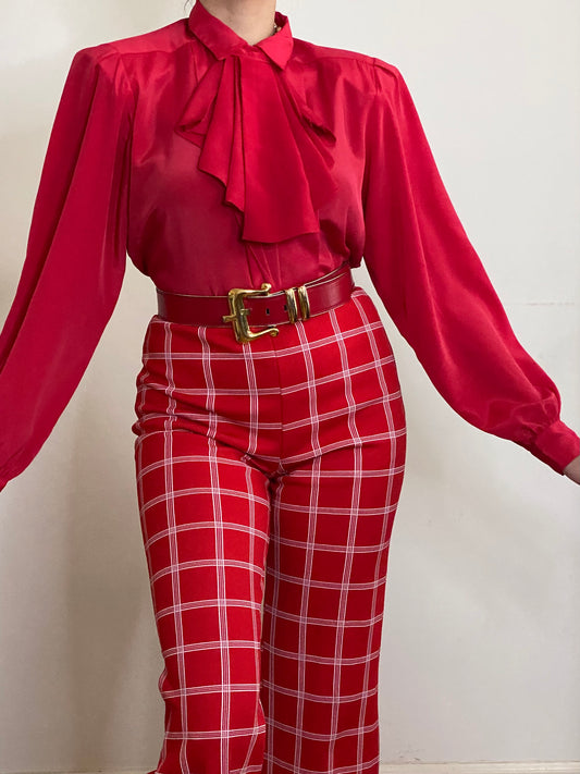 80's Red Ruffled Cravat/Jabot Bow Long Sleeve Blouse (S-M)