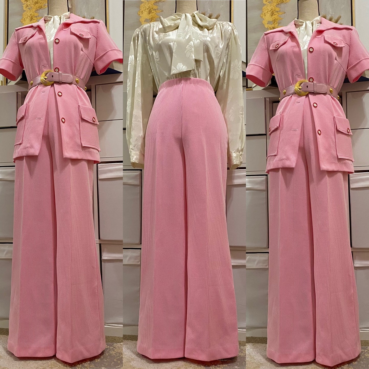 70s Pink Striped 2-Piece Pantsuit - Jacket Shirt & Wide Leg Bell Bottom (S-L)