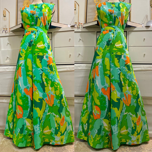 60s-70s Bright Abstract Wide Leg Jumpsuit (L)
