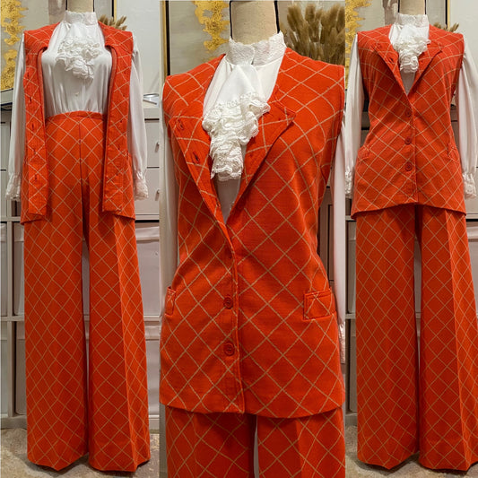 60's-70's Orange Diamond Wide Leg Pantsuit (S-M)