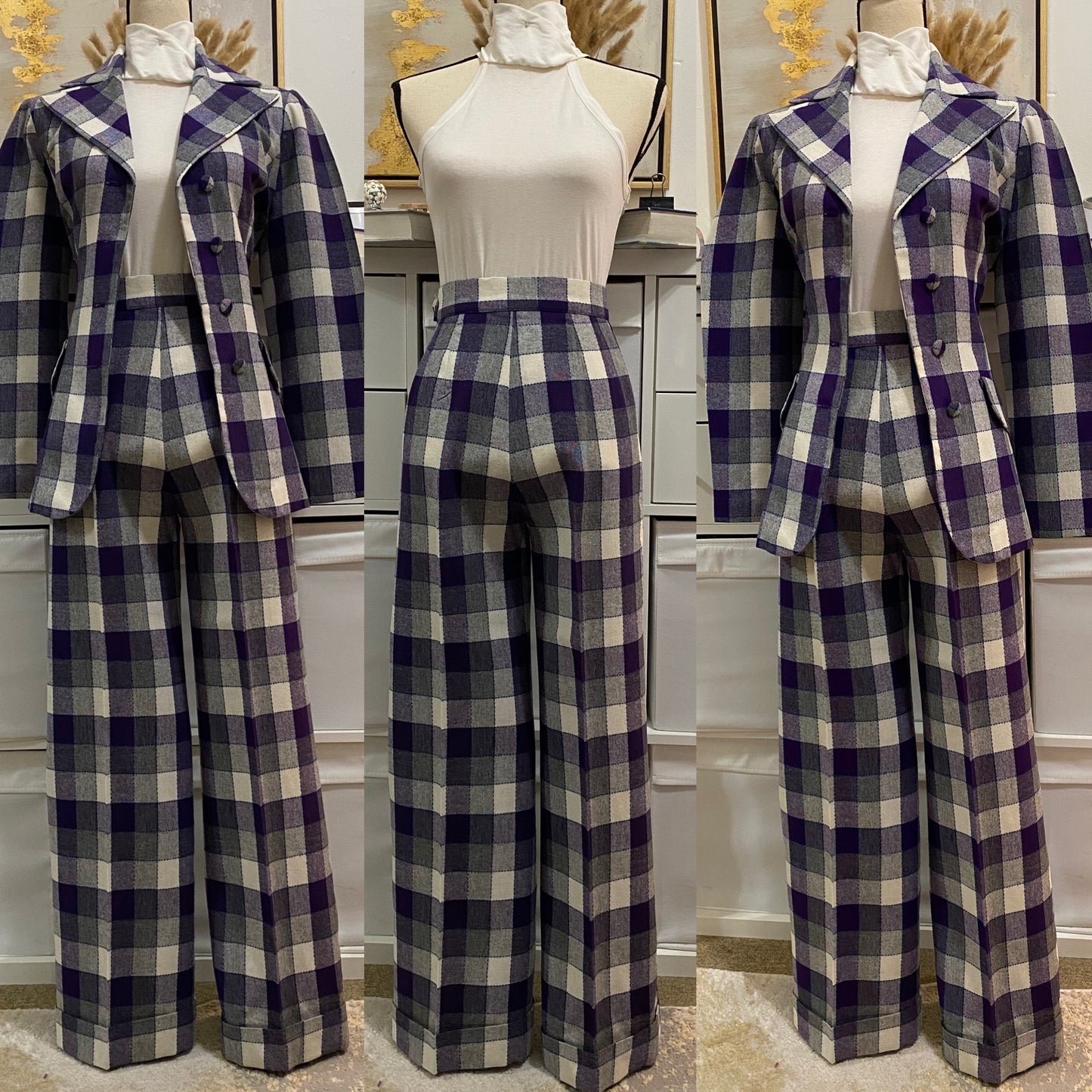 70's Purple & Grey Checkered Pantsuit - Jacket & High-Rise Bell Bottom Set (M)