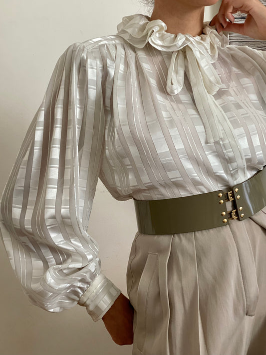 Elegant Ruffle high mock neck puffy Secretary Career Style blouse