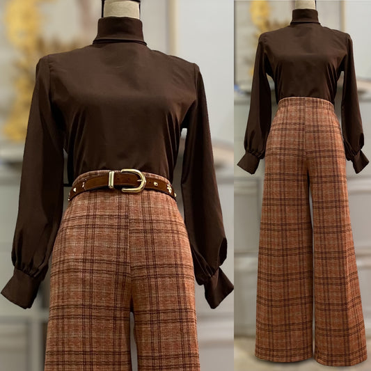 70s Mocha Puffy Sleeve, Mock Neck Blouse (S-M)