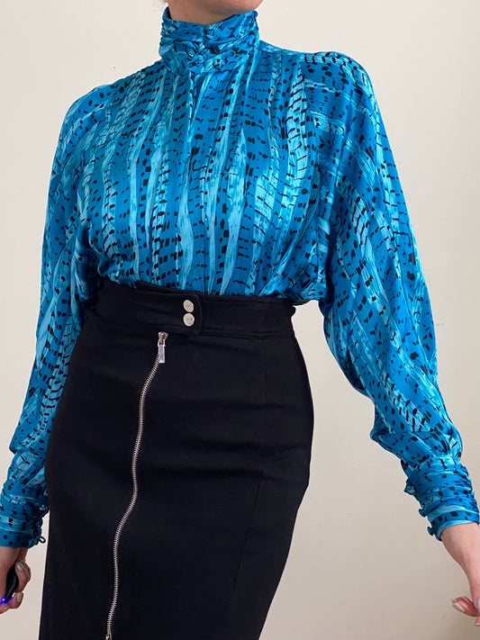 80's Abstract High Mock Neck Button Down Blouse (M)