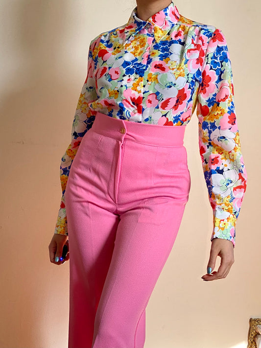 70's MULTICOLOR FLORAL BUTTON UP BLOUSE (M)