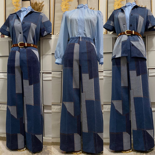 70s Denim Patchwork 2-Piece Pantsuit - Wide Leg Bottoms & Jacket Shirt (M-L)